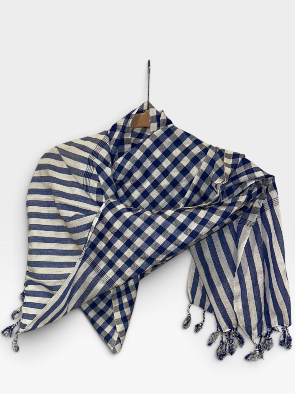 blue white linen gingham check plaid stripes tassel trim scarf wrap